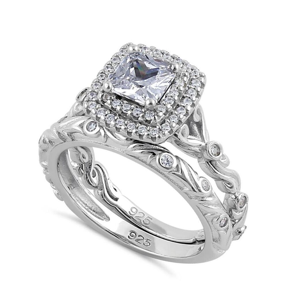 Sterling Silver Clear CZ Vintage Engagement Ring Set New